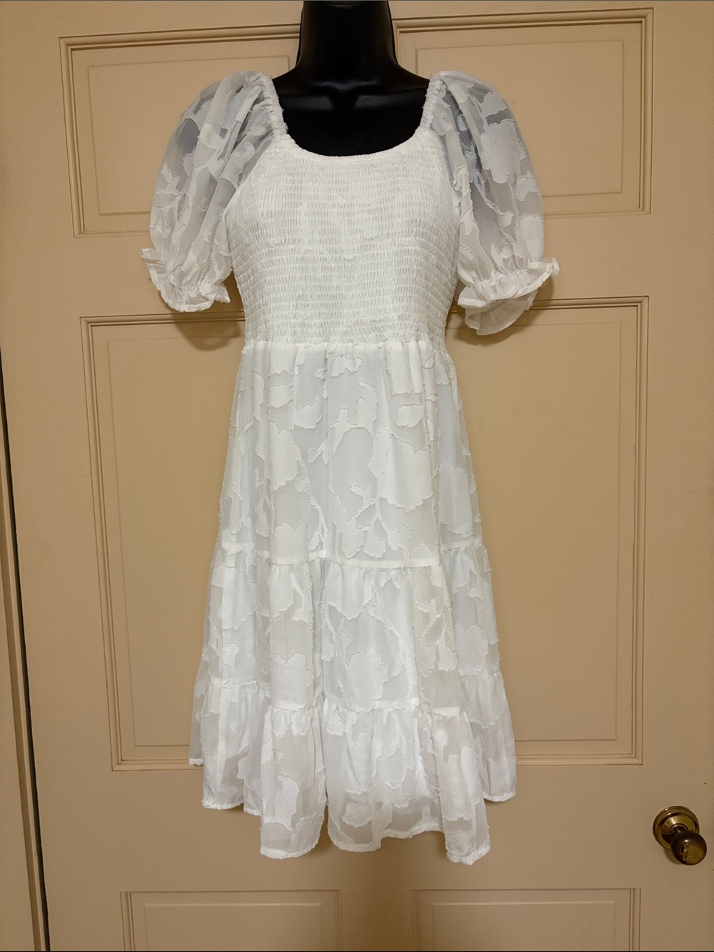 White Puff-Sleeve Smocked Kids Dress